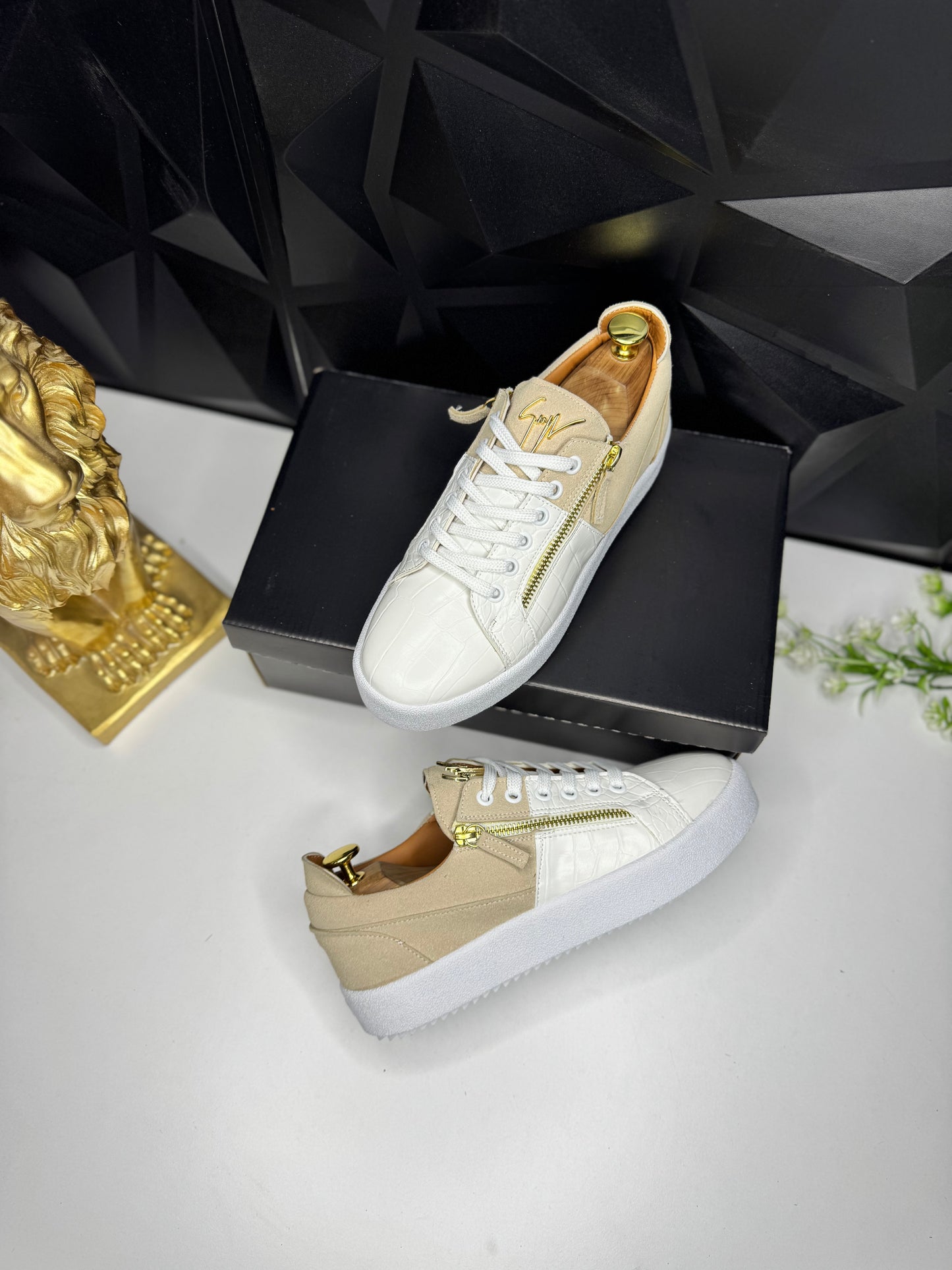 Krem Kroko & Kadife Detaylı Erkek Sneaker